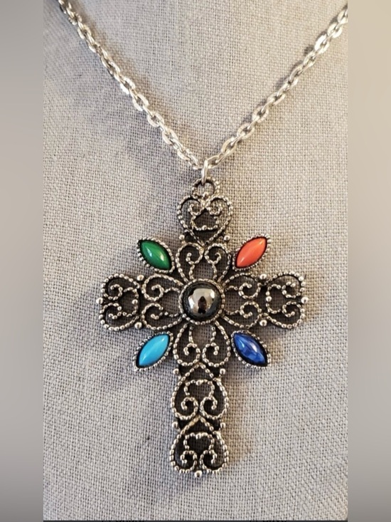 Avon Jewelry - Vintage Avon Cross Necklace Multicolor Stone Pendant Silver Tone